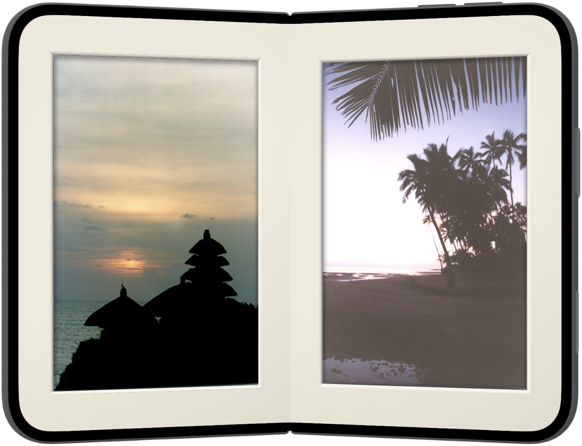 iPhone Duo standing like a book, showing two framed photos side by side