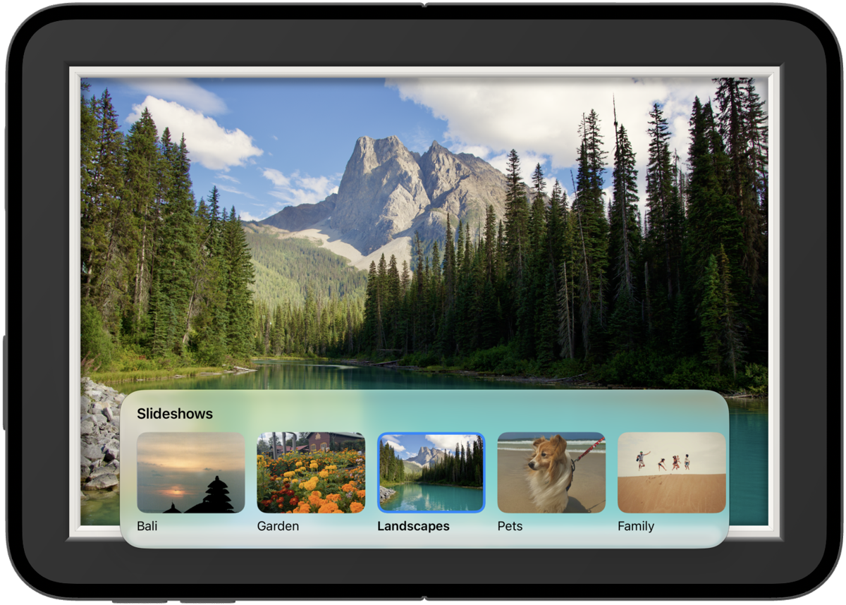 The slideshow dock over a framed landscape photo